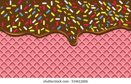 Chocolate Crispy Waffle with Flowing Hot Chocolate with Sprinkles. Dark Black Chocolate Dessert. Wafer Vector Texture. Tasty Food Background with flat color style design