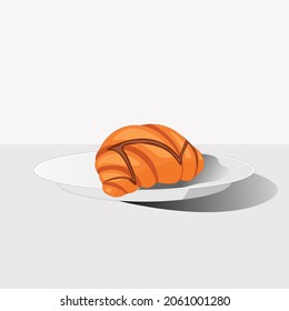 Chocolate croissant on plate  isolated on gray background. Vector illustration.