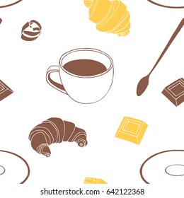 Chocolate croissant, vanilla croissant, white chocolate, spoon, saucer and a cup of coffee. Hand drawn seamless pattern.