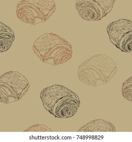 Chocolate croissants (pain au chocolat) , traditional french pastry. hand draw sketch seamless pattern vector.