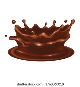 Chocolate crown splash. Realistic 3d vector brown flow icon. Liquid dripping design isolated on white background. Side view