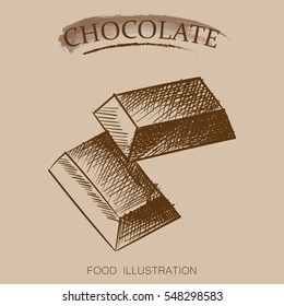 Chocolate cubes sketch style isolated on beige background. Retro style vector illustration poster.