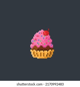 chocolate cup cake with strawberry cream in pixel art style