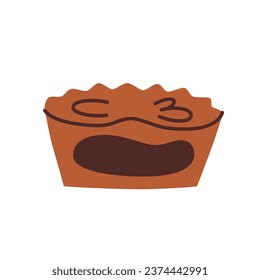 Chocolate cup dessert icon, vector doodle illustration of cupcake with dark chocolate filling, delicious cake with cream, sweet cups, confectionary item, isolated colored clipart on white background