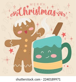Chocolate taza y hombre de pan de jengibre Tarjeta de felicitación de navidad Ilustración vectorial