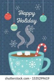 chocolate cup with marshmallow candy cane happy holiday card vector illustration