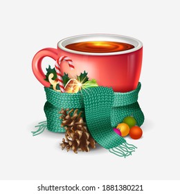 taza de chocolate con bufanda de punto impresa. Composición de invierno suave taza blanca de chocolate caliente, con bufanda, limón, caramelos. 3d ilustración acogedora feliz navidad. Ilustración del vector