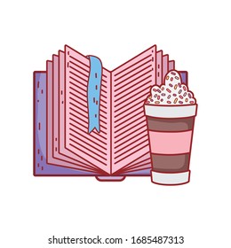 chocolate cup with sprinkles and open textbook literature vector illustration