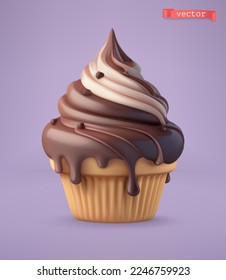 Chocolate cupcake, 3d vector icon