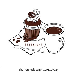 Chocolate cupcake, anise and cinnamon, chocolate chips and coffee beans. Coffee cup with a saucer, spoon and napkin. Hand drawn vector illustration.