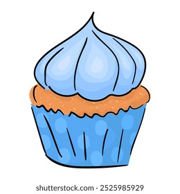 Cupcake de chocolate con crema azul, azúcar espolvoreado en papel de cupcake. . Muffin postre, comida dulce. Panadería, cocina, fiesta de té. Cupcake de Vector plano dibujado a mano