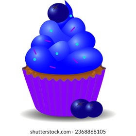 Chocolate cupcake with blueberries, blue cream, sugar sprinkles in purple packaging. Beautiful baked goods with berries and cream. . Bakery, cooking, tea party. Flat vector cupcake EPS10