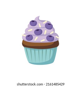 Chocolate Cupcake With Blueberry, Blue Cream, Sugar Sprinkles In Cupcake Paper. Cute Cream Berries Pastries. Muffin Dessert Sweet, Food. Bakery Shop, Cooking, Tea Party. Hand Drawn Flat Vector Cupcake