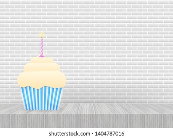 Chocolate cupcake with burning candle. Vector stock illustration.