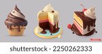 Chocolate cupcake, cake, slice of cake. 3d vector icon