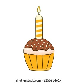 Chocolate cupcake with candle. Cartoon. Vector illustration. Isolated on white background