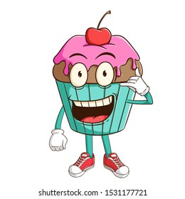 Chocolate cupcake cartoon character with call me hand sign and funny smile face