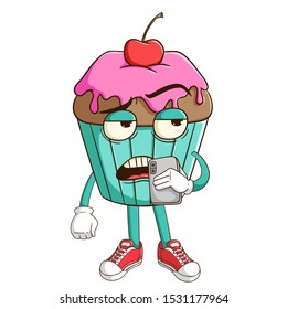 Chocolate cupcake cartoon character holding a smartphone and calling someone with funny bad expression