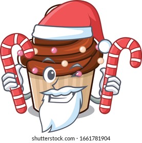 Chocolate cupcake Cartoon character wearing Santa costume bringing a candy