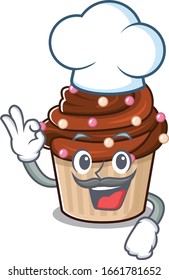 Chocolate cupcake cartoon character working as a chef and wearing white hat