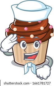 Chocolate cupcake cartoon concept Sailor wearing hat