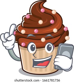 Chocolate cupcake Cartoon design style speaking on a phone