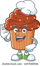 Chocolate cupcake cartoon design style proudly wearing white chef hat