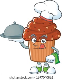 A chocolate cupcake chef cartoon design with hat and tray