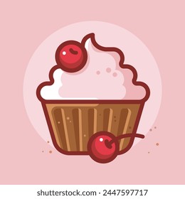 Chocolate cupcake with cherries in a circle. Illustration of dessert.