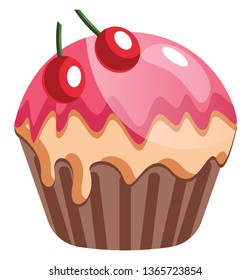 Chocolate cupcake with cherries illustration vector on white background