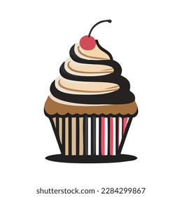 Chocolate cupcake with cherries isolated on white background. Vector illustration.