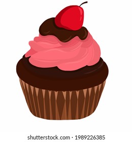 Chocolate cupcake with cherries and pink cream.