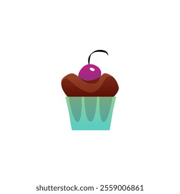 Chocolate cupcake with cherry berry flat icon. Biscuit sweet dessert bakery with chocolate topping. Vector cartoon illustration isolated on white background. Cafe menu