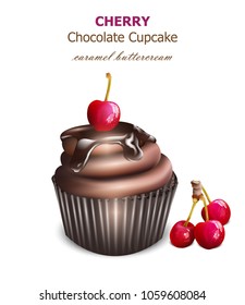 Chocolate cupcake with cherry fruit Vector. Retro vintage backgrounds