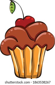 Chocolate cupcake with cherry, illustration, vector on white background.