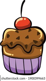 Chocolate cupcake with a cherry, illustration, vector on a white background.