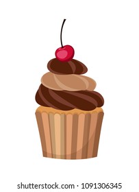 Chocolate cupcake with cherry. Isolated on white background. Vector illustration.