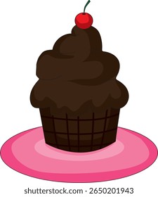 Chocolate Cupcake Cherry On Top Food Vector