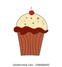 Un quequito de chocolate con cereza sobre fondo blanco. Imagen aislada del vector en el estilo de doodle para el diseño del menú