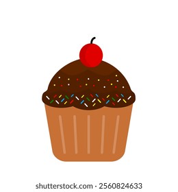 Chocolate cupcake clip art vector. Cupcake with colourful mess candy isolated on a white background. Anniversary cake. Birthday cake. Valentine cupcake