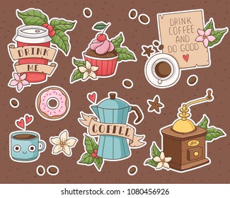 Chocolate cupcake, coffee maker, paper cup, mug, mill letter and donut. Set of vector illustrations decorated with leaves and flowers, isoleted on brown background