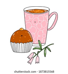 Chocolate cupcake, coffee mug and pink flowers, cute vector cartoon characters, illustration isolated on white background