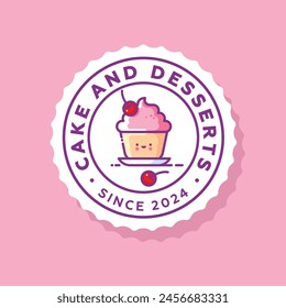 Chocolate cupcake with cream and cherries. Sweet food icon. Illustration of dessert. Kawaii emoji. Smiley face.