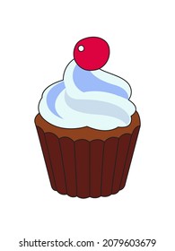 Chocolate Cupcake with cream and cherries. Chocolate vector muffin for illustration