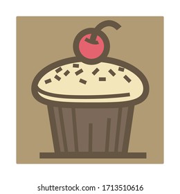 Chocolate cupcake with cream and cherry on top isolated icon vector. Muffin with sprinkles, baking food and meals, treat or dessert. Pastry products, shop or store, glaze and icing, confectionery