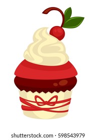 Chocolate cupcake with cream and cherry on top isolated on white background. Delicious treat for nearest and dearest vector illustration. Flavorous bakery product with nice and simple design.