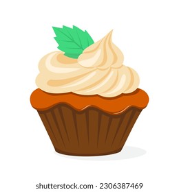 Chocolate cupcake with cream and mint leafs. Modern flat vector illustration