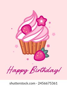 Chocolate cupcake with cream topping, candies and strawberries. Happy Birthday post card. Illustration of dessert.