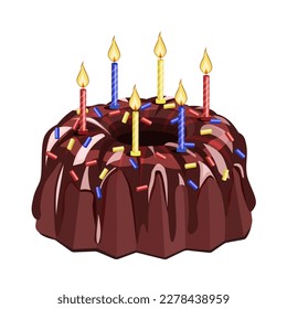 Chocolate cupcake decorated with multicolored sprinkles and six burning candles, isolated on a white background.Vector illustration of dessert for festive designs.