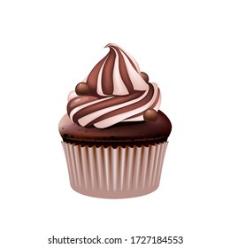 Chocolate cupcake, delicious creamy muffin realistic vector illustration. Birthday dessert, sweet stuff. Homemade pastry with cocoa cream, sugary bakery 3d isolated object on white background